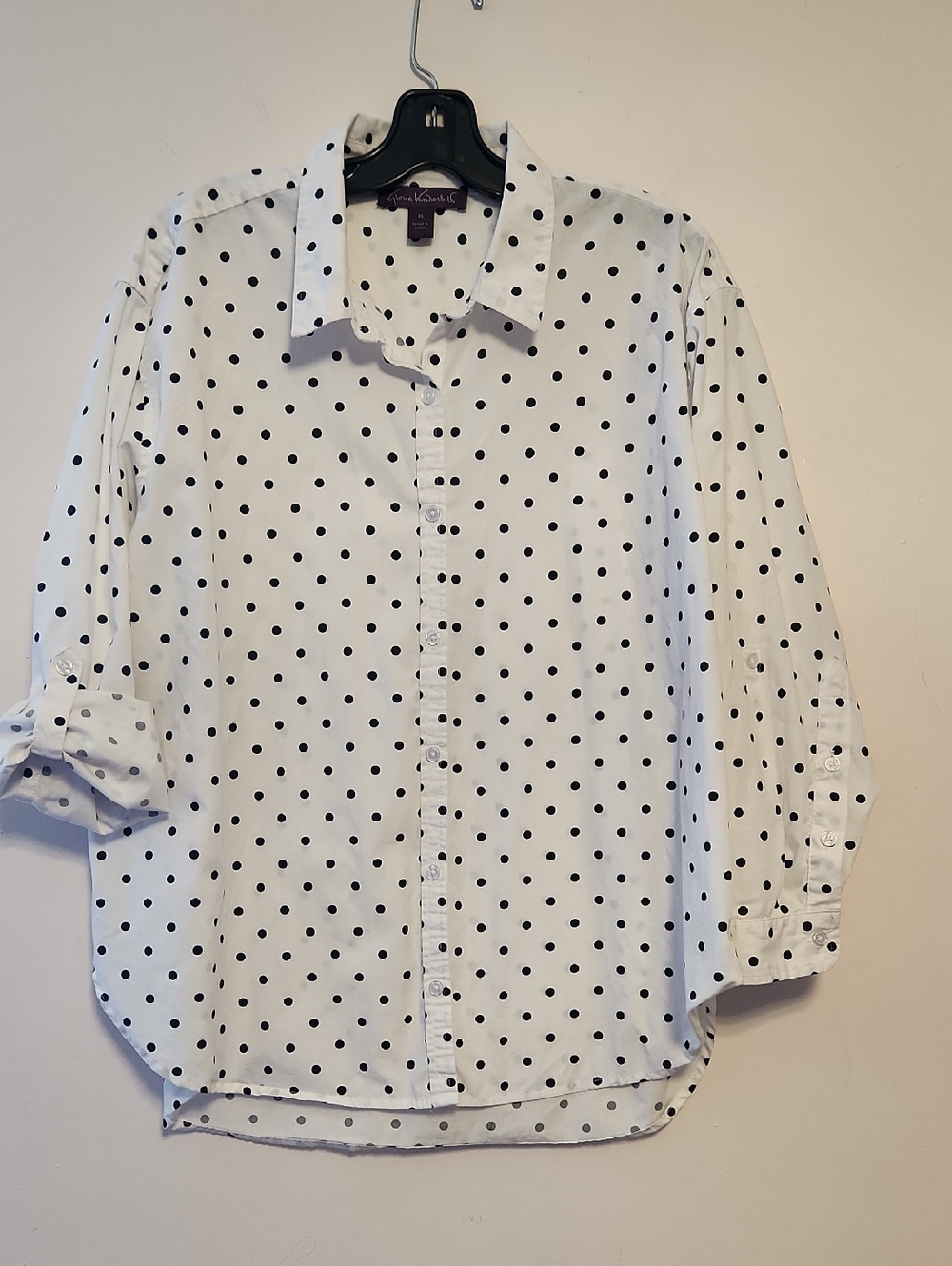 Gloria Vanderbilt Polka Dot Button-Up Roll Tab Shirt - White with Black Dots XL